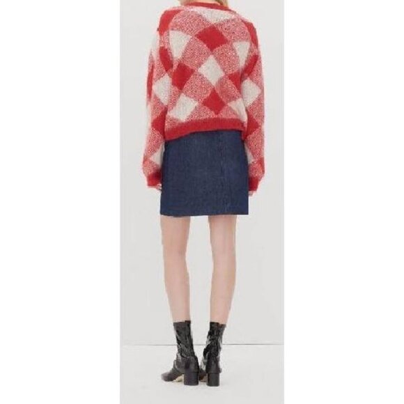 Sandro Sparks Diamond Sweater Red Plaid Mohair Size Small crew neck fluffy - Picture 11 of 11
